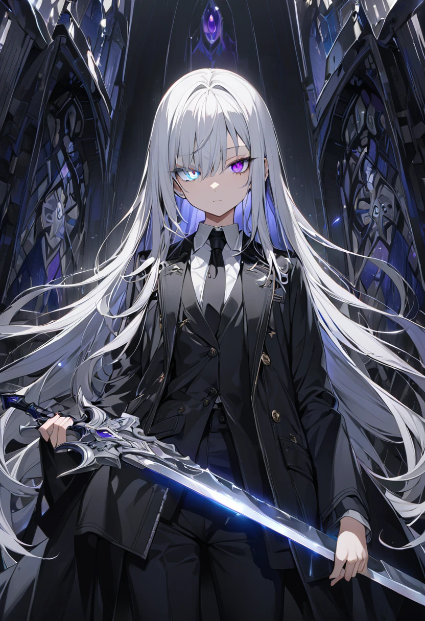 (Highest quality), (High resolution), (masterpiece), (Very detailed), (One Woman), (Silver Hair, Long Hair, Heterochromia iridis, Dark blue right eye, Deep purple left eye, Odd Eye, Glowing Eyes, Expressionless, low length, Flat Chest), (Black long coat, A loose white shirt, Black trousers, Loose black tie), (Wear a black aura, Wearing silver light, Professional coloring, Very beautiful eyes, Hold the black sword in your right hand, Hold the silver sword in your left hand, Detailed Background)