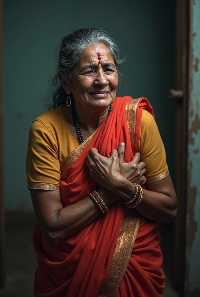 Bengali middle aged women wearing sharee, acting of having heart attack, facial expression must includes pain. One hand in chest.