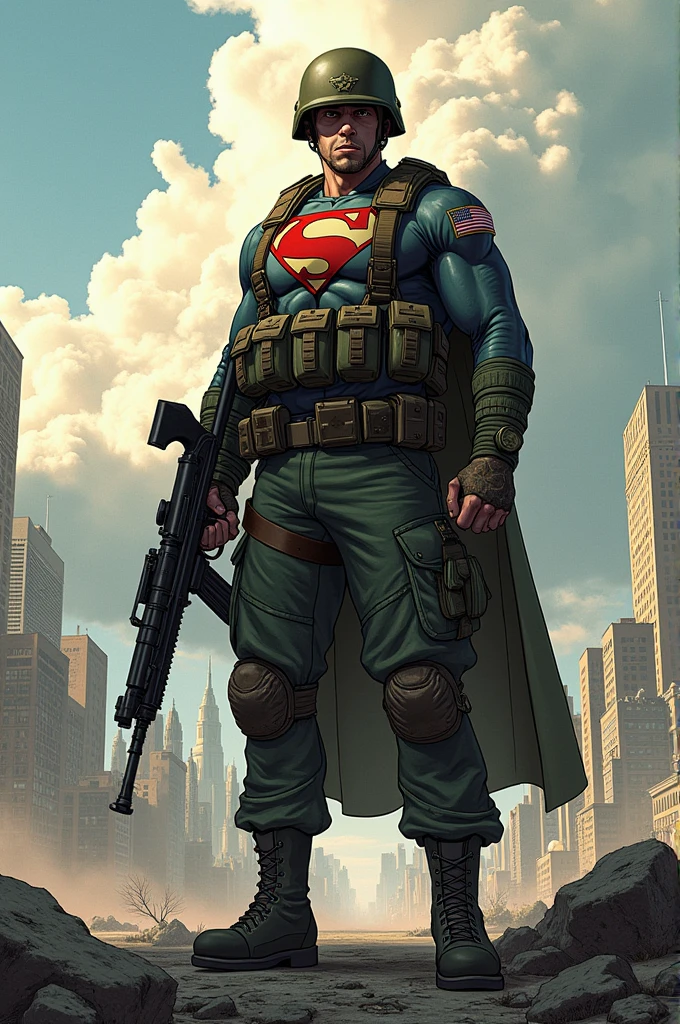 The cover of Superman action comic 1 but replacing Superman with a soldier