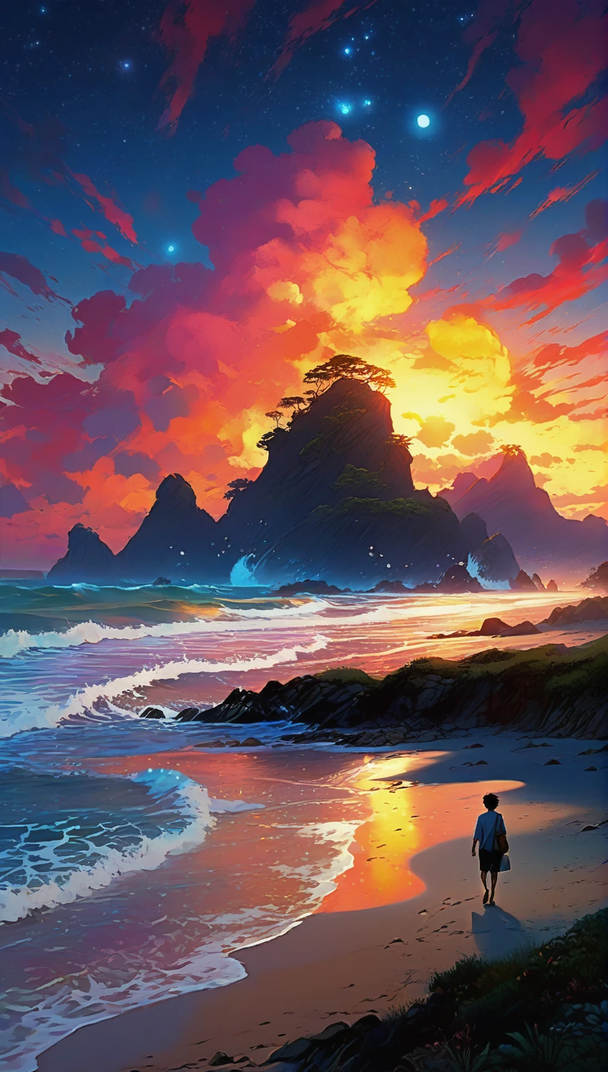 anime - style painting of a man walking on the beach at sunset, 4k highly detailed digital art, beautiful art uhd 4 k, 4k detailed digital art, inspired by Cyril Rolando, anime art wallpaper 4k, anime art wallpaper 4 k, colorful concept art, 4 k hd illustrative wallpaper, 8k stunning artwork, stunning art style