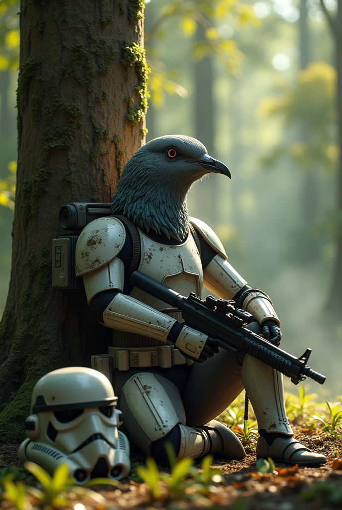 ((Grey pigeon female)), Dirty Star Wars「Stormtrooper」アーマーを着たGrey pigeon femaleがエンドアの森で木に寄りかかって休んでいる。Stormtrooperのヘルメットが地面に落ちている彼女のそばにあり、E-11 Blaster on the ground。Grey pigeon female、Muscular body、far and near method、Wide Shot、smoke、18mm、Depth of written boundary、colorful、Highest quality、4K、Daylight