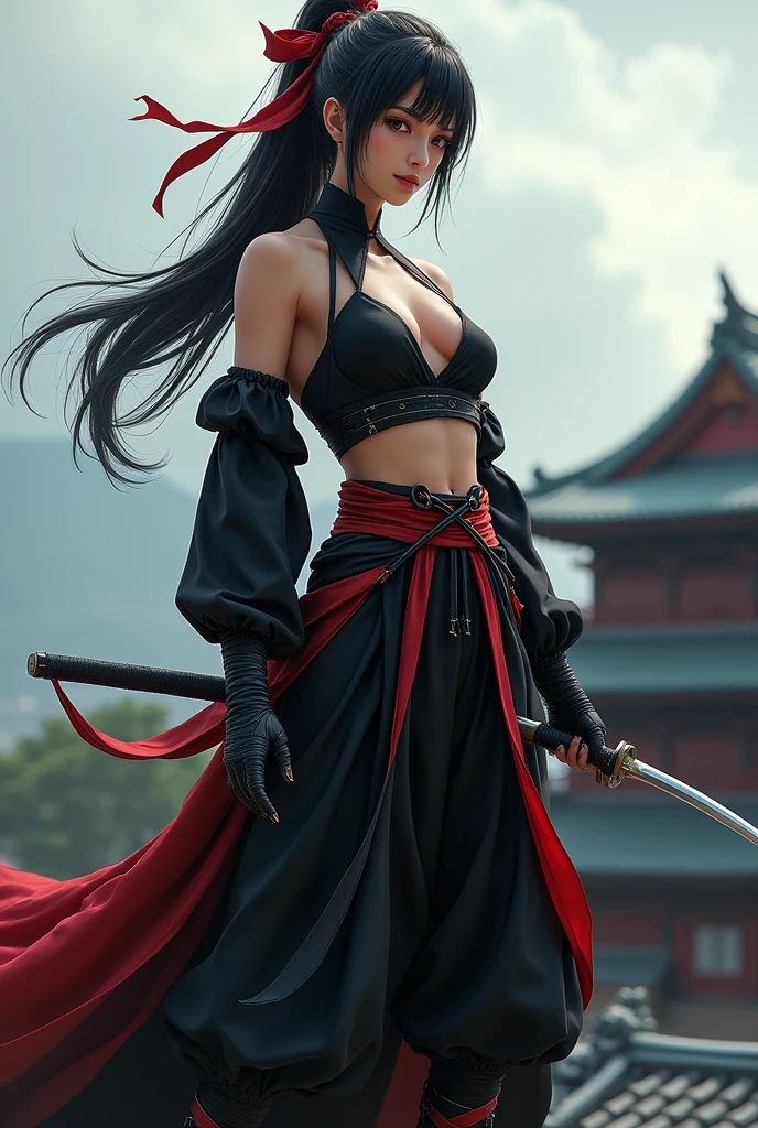 Thirty-year-old woman, 170 cm tall, (((((classic female ninja))))), model-like beauty, perfect features, ((((wearing in black ninja armor)))), (((black ponytail with red ribbon))), chest area. Large exposed, (((((large breasts visible:1.2))))), ((((holding a short ninja sword:1.2)))), Japanese castle in the background, standing on the roof tiles of the castle