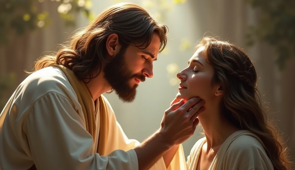 Jesus helping a person remove a mask of sadness from their face.