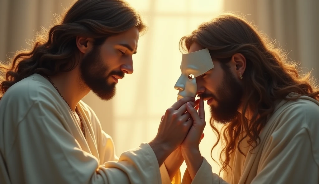 Jesus helping a person remove a mask of sadness from their face.