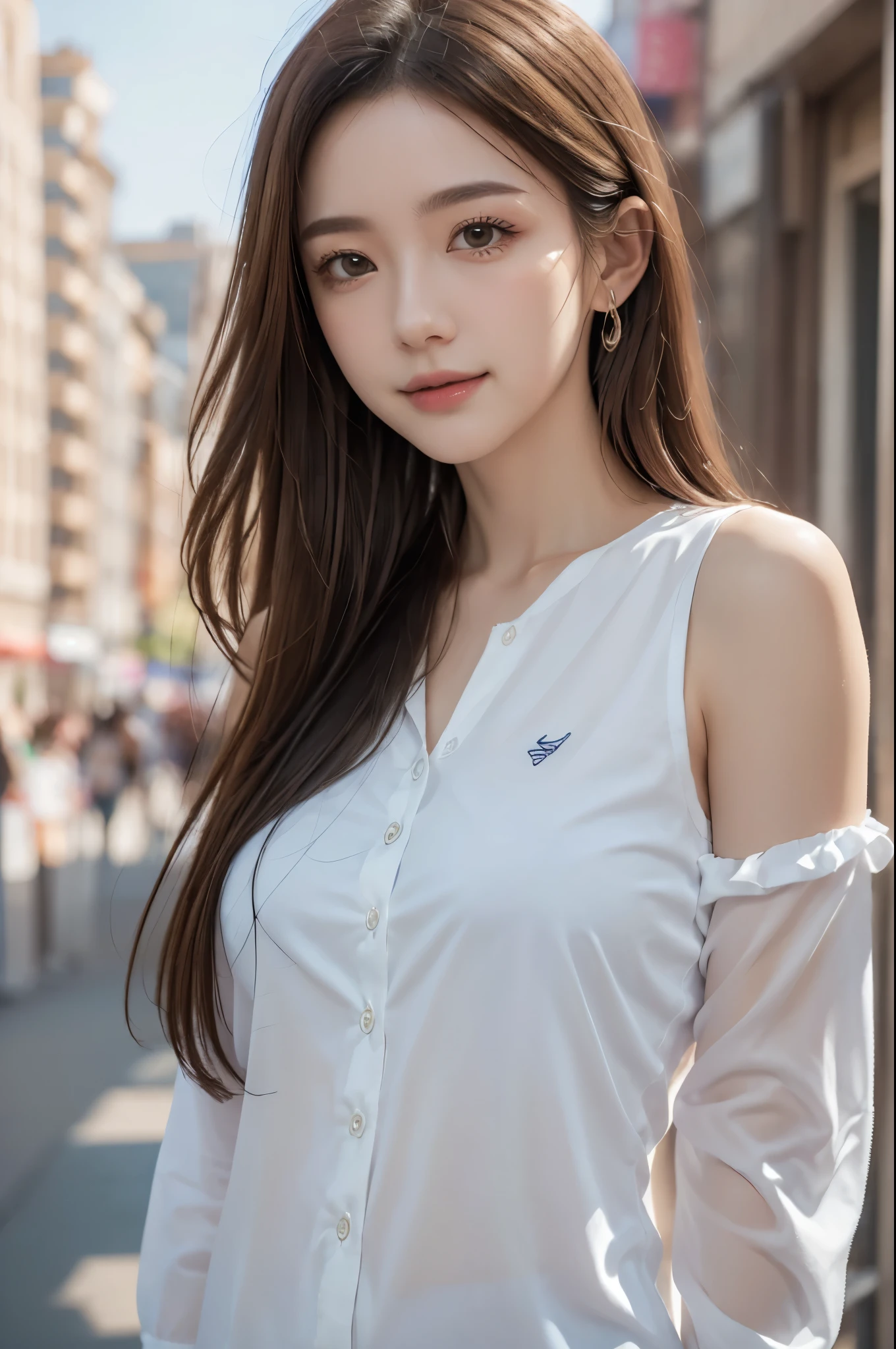 masterpiece, Highest quality, 8k, disorganized person, (Upper Body:1.4), White shirt, Beautiful girl, Beautiful face, Looking at the audience, smile, Ultra-realistic, High resolution, picture, The focus was clear, High resolution, Face Light, Dynamic Lighting, Cinema Lighting, Professional Shadow, Beautiful cityscape background, Best details, Very detailed, Super detailed, Finely detailed, Real Skin, Delicate facial features, Detailed face and eyes, Sharp pupils、Realistic students