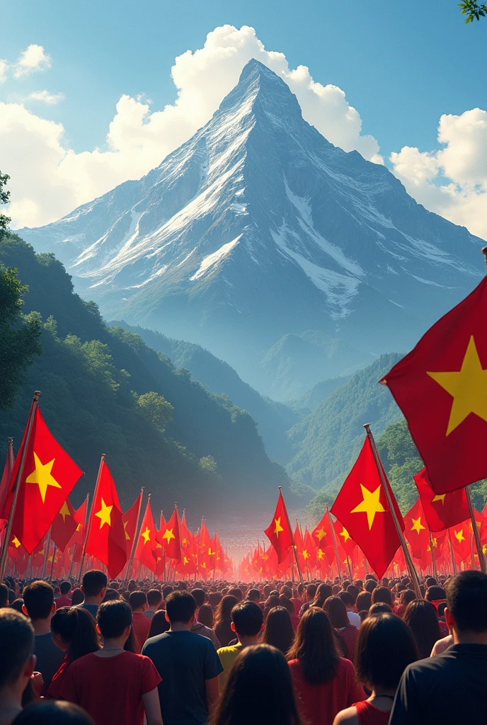a mountain, There are many people holding Vietnamese flags.