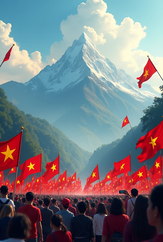 a mountain, There are many people holding Vietnamese flags.