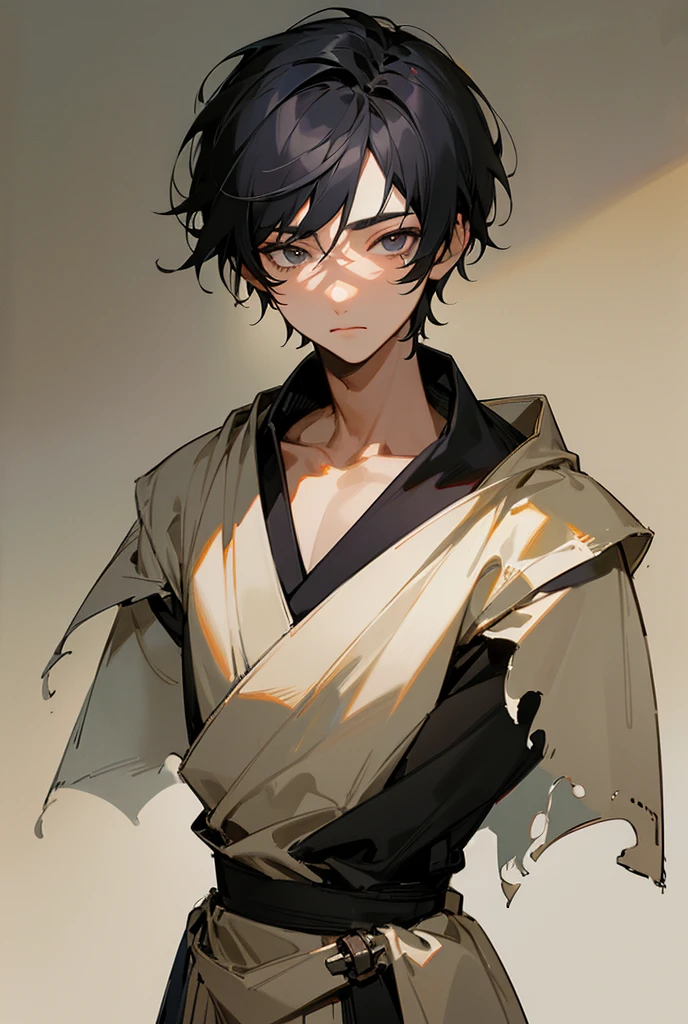 1 boy, Black hair, short hair, Gray eyes, Detailed eyes,Single focus, Simple background, Male focus, Single, Standing, Sung Jin Woo, painting,, (Masterpiece:1.0), (Best quality:1.0), (8k wallpaper:1.0), (Beautiful detailed face:1.0), (detailed Dark eyes), Dark eyes,Looking at the viewer,