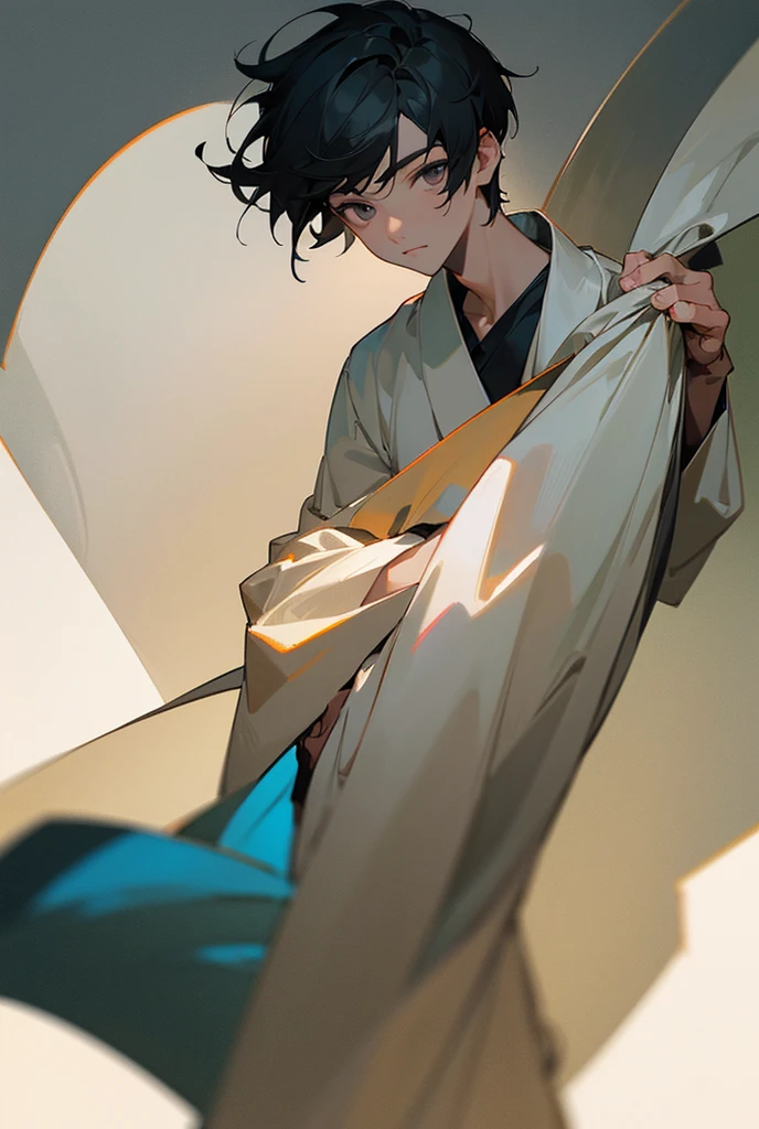 1 boy, Black hair, short hair, Gray eyes, Detailed eyes,Single focus, Simple background, Male focus, Single, Standing, Sung Jin Woo, painting,, (Masterpiece:1.0), (Best quality:1.0), (8k wallpaper:1.0), (Beautiful detailed face:1.0), (detailed Dark eyes), Dark eyes,Looking at the viewer,
