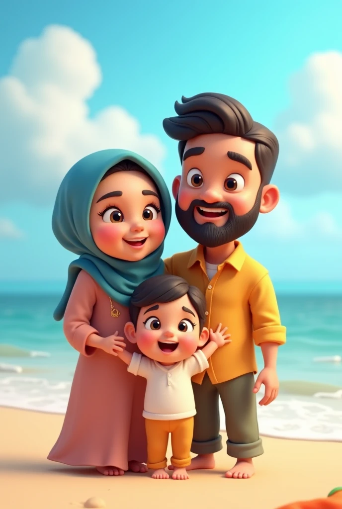 My self and my wife and 1 son in the beach wife should hide hair means she is Muslim give me in 3d high quality cartoon