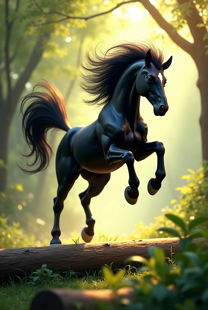 Pony Jumping Over a Log: A powerful, black pony with a glossy coat leaping gracefully over a log in a forest clearing. The pony is mid-air, its mane and tail flowing in the wind, with an expression of excitement. The background is a lush green forest with dappled sunlight filtering through the leaves.