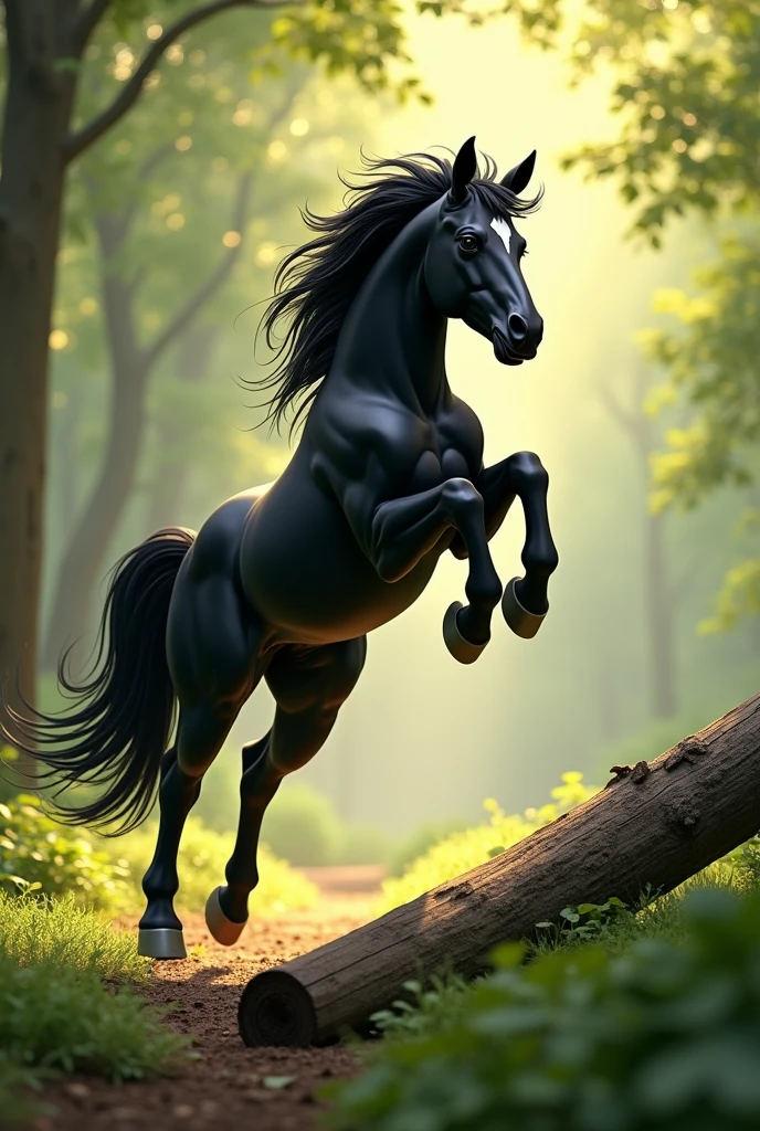 Pony Jumping Over a Log: A powerful, black pony with a glossy coat leaping gracefully over a log in a forest clearing. The pony is mid-air, its mane and tail flowing in the wind, with an expression of excitement. The background is a lush green forest with dappled sunlight filtering through the leaves.