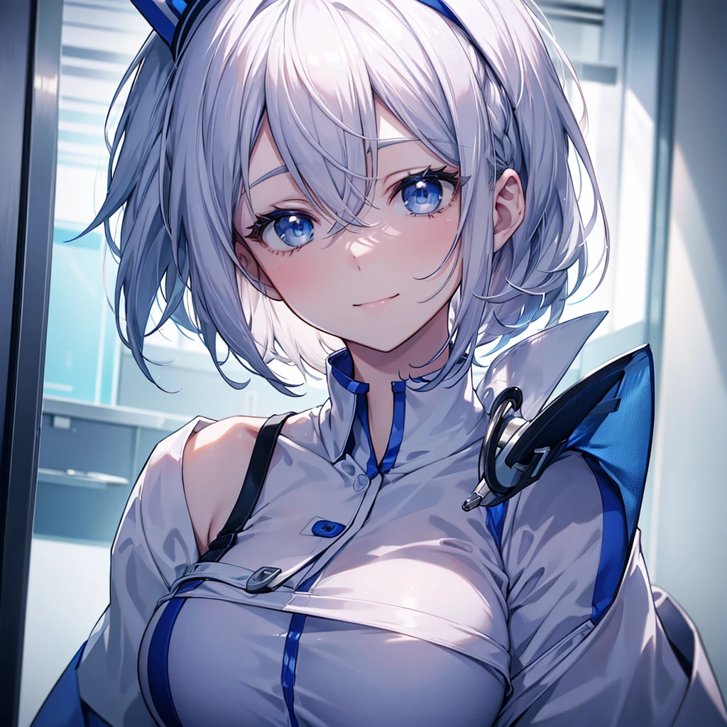 parietal, wear scrubs, White or pale blue scrub clothing, a beautiful detailed portrait of a shoulder length hair nurse aide, with no hat, large breasts, in an anime style, high resolution, photorealistic, dramatic chiaroscuro lighting, intricate details, ominous aura, beautiful blue eyes, beautiful silver hair, short bob cut, sharp facial features, strong presence, smile, I'm not wearing anything on my head, Hide your chest with your clothes.