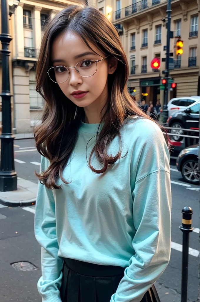 Photo of a beautiful woman standing on a street corner, (masterpiece:1.2, highest quality), (Realistic, photoRealistic:1.4), Beautiful illustrations, (Natural Side Lighting, Cinema Lighting), Written boundary depth, Beautiful thighs staring at the viewer, (((Face Focus, Upper Body))), 1 female, 30-year-old, alone, thin, slender, small breasts!!!, short hair, curly hair, Forehead, thin, slender, (((glasses))), long sleeve T-shirt, Skinny skirt, Are standing, Paris on a clear day with park in the foreground, portrait