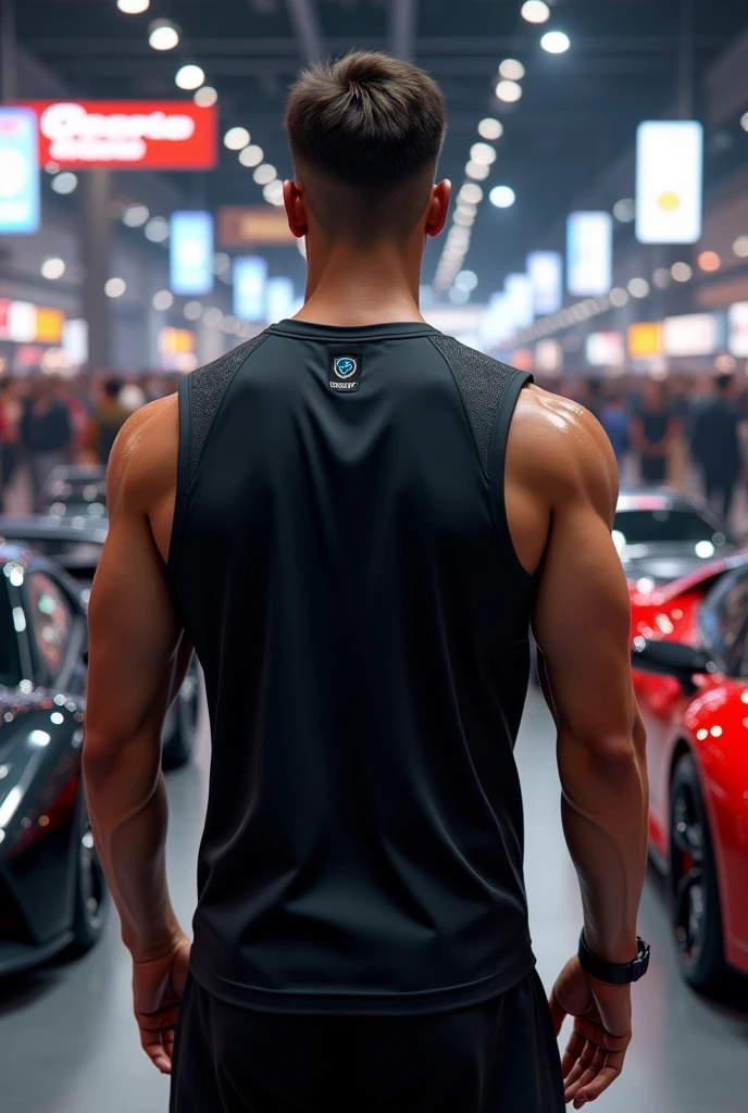 (Photorealism:1.2), young and strong man, standing backwards, black jersey, at a sports car fair