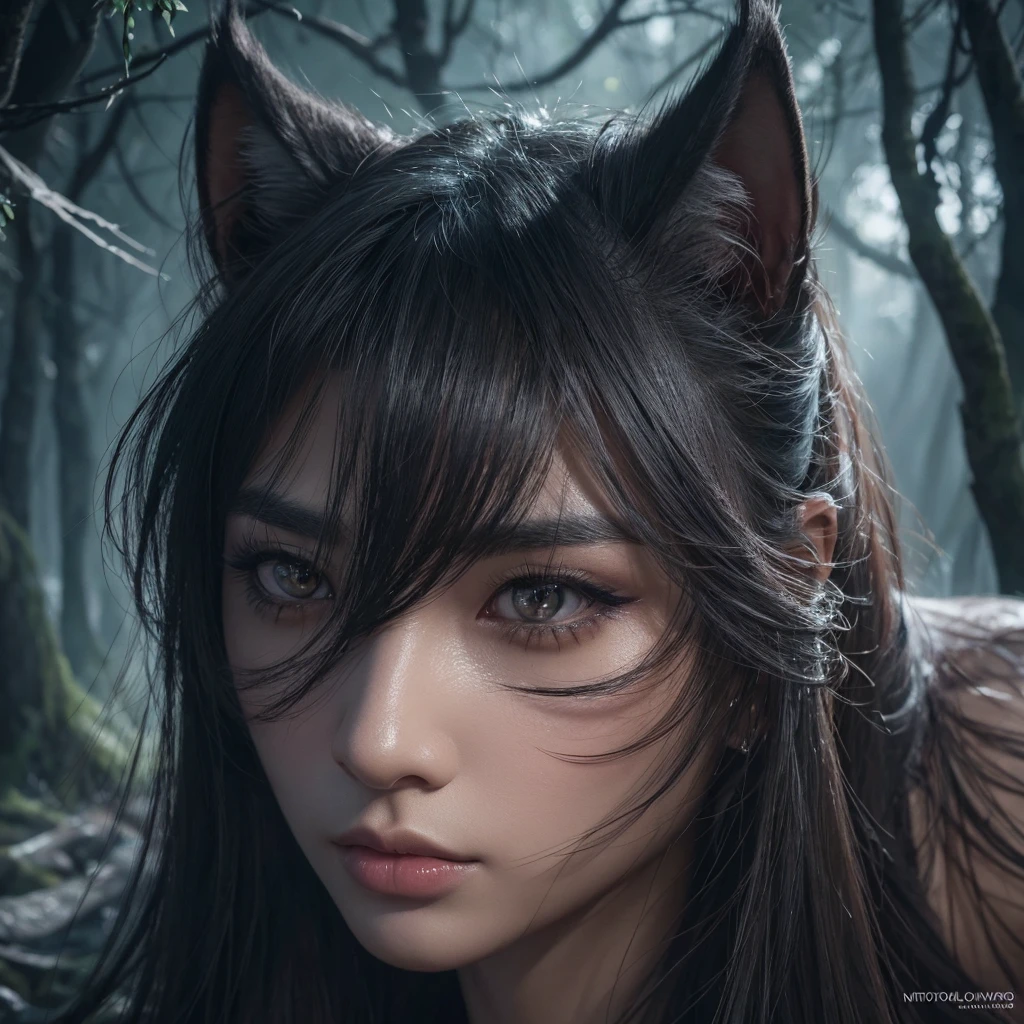 An black and white wolf, furry character, male, shy expression, cute, feminine, volumetric light, HD details, bamboo forest, stream, mist rising, contour light, Tyndall effect, masterpiece, master level, fully naked