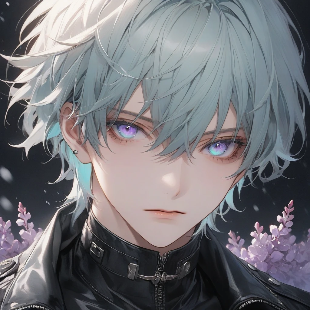 high resolution, Masterpiece, Anatomically correct, precise, qualityที่ดีที่สุด, quality, 1 man, Age 25 years ,short hair, cyan hair, lilacs eyes , Dark makeup, A cold expression simple background, Close-up , Anime style,Wearing black leather jacket, Sharp eyes , ไฮไลท์ผม, ผมไล่สี,