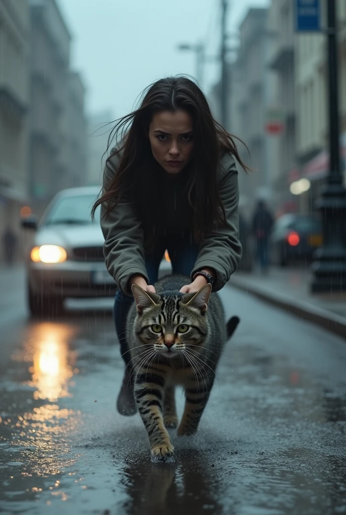 A gray tabby cat in the rain and a woman saves him from being run over

