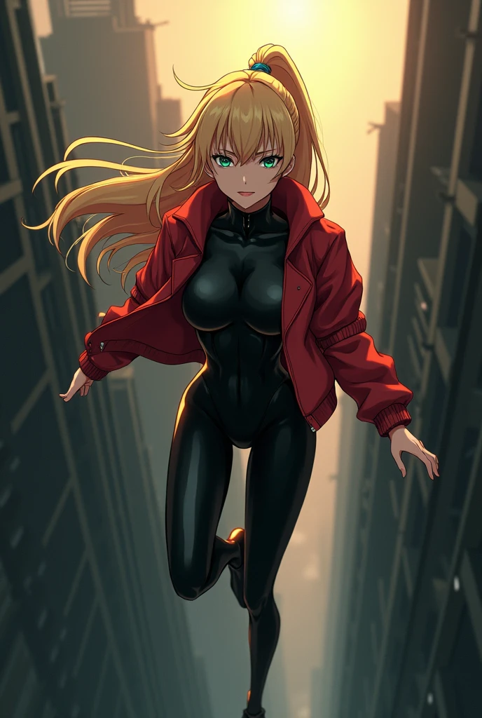 The image is anime style cowboy bebop and Darker than black with shadows and dim lights, anime style although somewhat adult and dark, It shows a single female android flying over buildings., She has long blonde hair, gathered in a ponytail, green eyes, He wears a red jacket and a black latex suit, His full body can be seen in the distance, it is day, It&#39;s 11 am