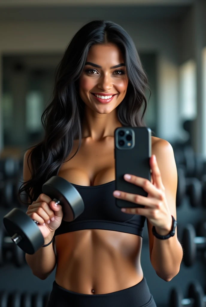 Lovely cute indian girl 30 years old, cute model, long black hair, wearing gym cloths, good smiling face, very detailed face, realistic face, fair girl, white skin girl, detailed and shining eyes, detailed natural hairs, full glossy red lips, soft focus, extremely beautiful, very detailed surroundings, calisthenics muscular body, realistic photo, gym background, show only dumbles rack in gym background, image till body waist, selfie in front of mirror with apple iphone 15 pro max mobile in right hand, show mobile phone in mirror, dumble in one hand, doing exercise in front of mirror,
