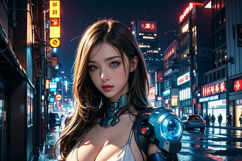 Best Illustrations, Woman covered in complex white cybernetics, Blue LED light, Combat Uniform, Cleavage, high tech, Ultra-high resolution, 32K, (Bikini Cyborg Robot Parts), (detailed:1.4), Cyberpunk City Background, Rainy Street, Beautiful Face, Long golden hair, Professional Lighting, masterpiece, Very delicate and beautiful, Professional photos, upper body,