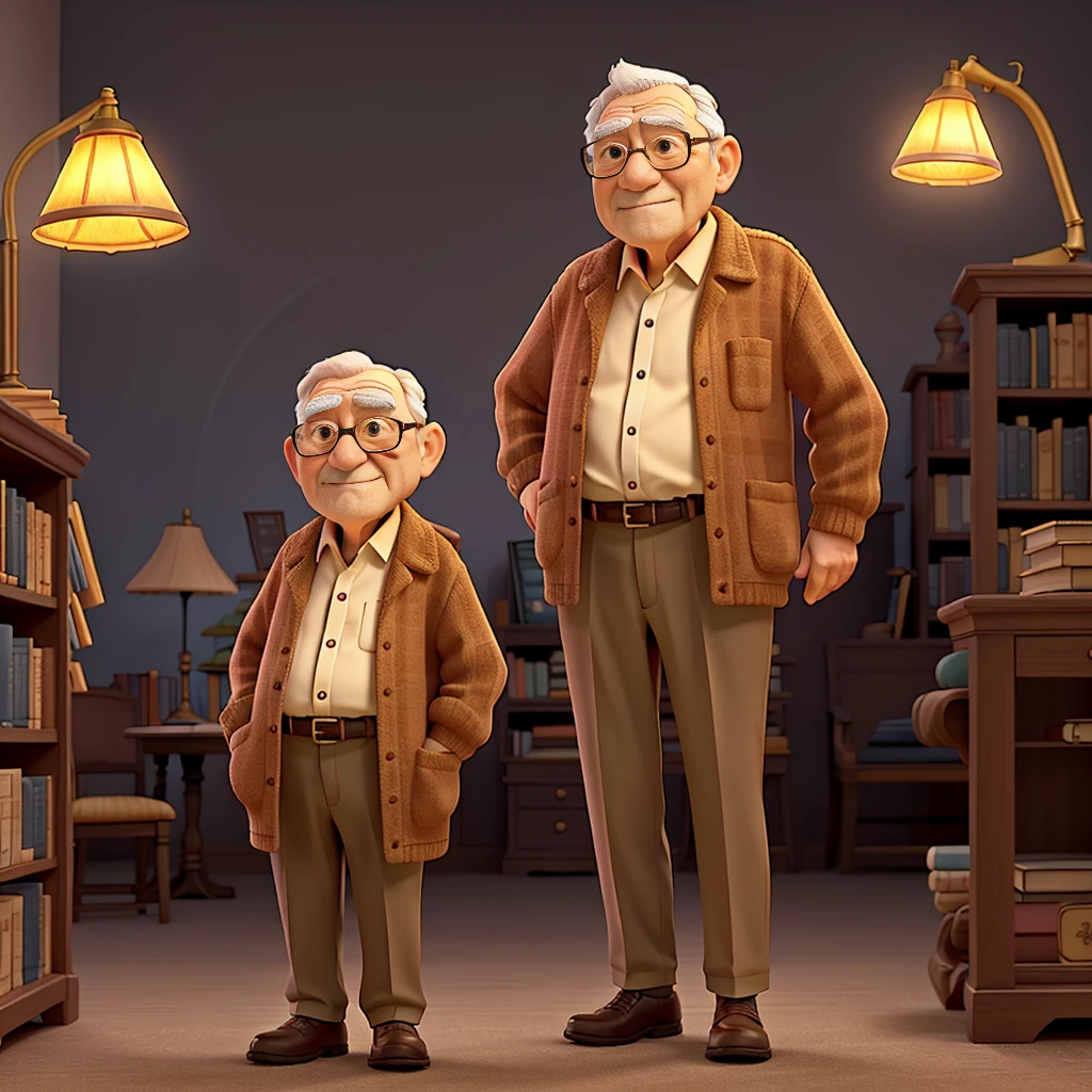 A wise old man standing in front, illuminated by the light of a lamp, having a library as a backdrop and does not use a tattoo.