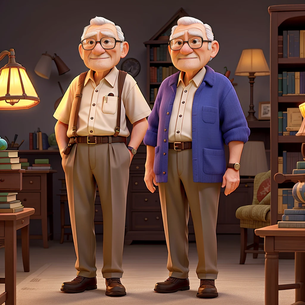 A wise old man standing in front, illuminated by the light of a lamp, having a library as a backdrop and does not use a tattoo. 