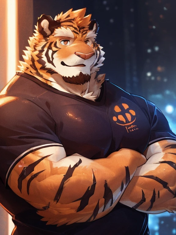 human nature, Wildlife, male,1,big body, chubby (medium),muscular body,solitary, ((Round Face, The face is plump,Orange eyes,Thick orange hair,With scars)), ((Endomorph, Handsome,Hot Blood)), (Sportswear,Clothes Damaged), ((domestic tiger, tiger,) Fluffy fur, Fluffy), Bokeh, (high quality, high resolution, masterpiece), (Dynamic Lighting, Vibrant colors), (Revitalize,Injuried,Disdain), Full body picture (close up), cartoon, author:Takemoto Arashi, From zixiong, By Chunni, author:Empty Ghost,(background:fancy apartment room at night), 15'0 tall,smirk