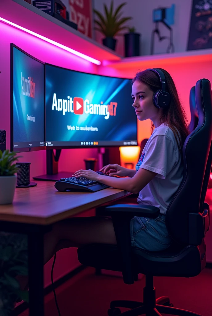 "A modern and vibrant gaming studio setup. The scene features a computer monitor prominently displaying the YouTube channel name 'Arpita Gaming27' in bold text, with a subscriber count of '30k subscribers' clearly visible below it. The studio is equipped with a sleek gaming desk, an ergonomic gaming chair, and multiple high-resolution monitors. Colorful LED lights illuminate the room, creating an energetic and high-tech ambiance. The background includes gaming accessories like a gaming keyboard, mouse, headset, and a microphone, enhancing the professional feel of the setup. The atmosphere conveys the success and popularity of the gaming channel." YouTube subscriber Is showing 30k with 21 years girl
