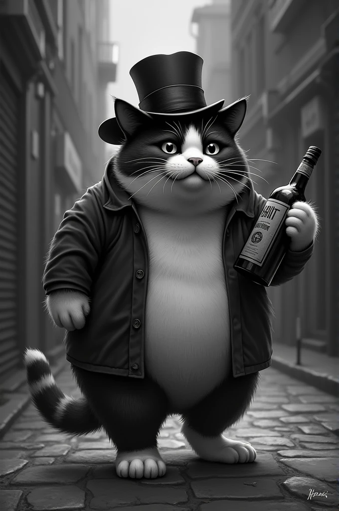 A black and white chubby cat with an alcohol bottle in his hand is walking drunk on the street, a hat is tilted on his head