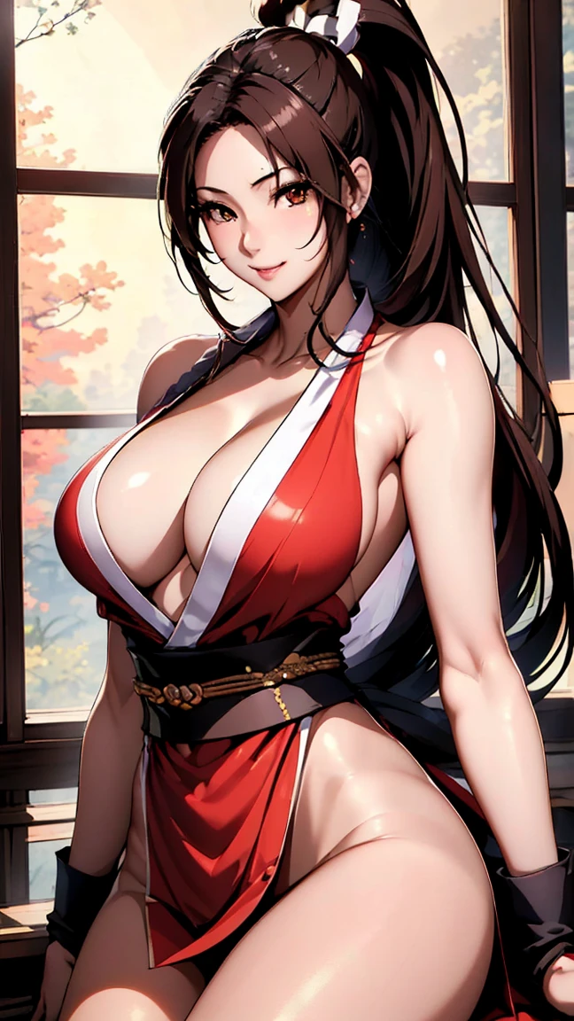 Model Pose, ((8k)), ((32K)), ((Highest quality)), ((masterpiece)), ((Ultra-high resolution)), ((Tmasterpiece))、((8k)), ((32K)), ((Highest quality)), ((masterpiece)), ((Ultra-high resolution)), Fine skin、1 woman、((mai shiranui:1.2)), Expose your shoulders、Brown Hair, Brown eyes, Long and high ponytail, hair band, 1 person、Captivating smile, 2, Japanese Mature, Beautiful fingers, Beautiful long legs, Beautiful body, Beautiful Nose, Beautiful character design, Perfect Eyes, Perfect Face, hair ornaments, Proper Body Professional Portion,Professional Lighting,Realistic Shadows, (Big Breasts:1.2,) , Floating skirt Fine skin texture, High quality fabric, High quality metallic texture、((Beautiful and dense face))、RAW Photos、Professional, Ultra-fine painting, ((alone)), Beautiful breasts、,(Five Fingers, Four fingers and thumb),Concept Art, Anime fantasy artwork, slim legs, red cheek, cowboy shot,