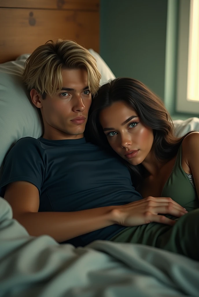 1 man, young man, 2, Leon S. Kennedy from the movie "Resident Evil 4", Eudard Badaluta's face, solo, Dark blonde hair, Curtain hairstyle, navy t-shirt, lying on the bed, sporty, volumetric lighting, depth of field.
1 woman, young woman, beautiful, curvy but slim figure, long dark brown hair, blue eyes, green dress with 3/4 zip, lying on bed.