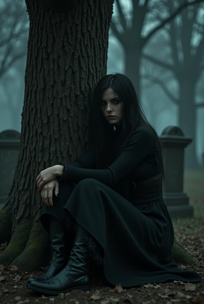 Western woman dressed in black sitting on the ground leaning against the catatunba in the cemetery at night 