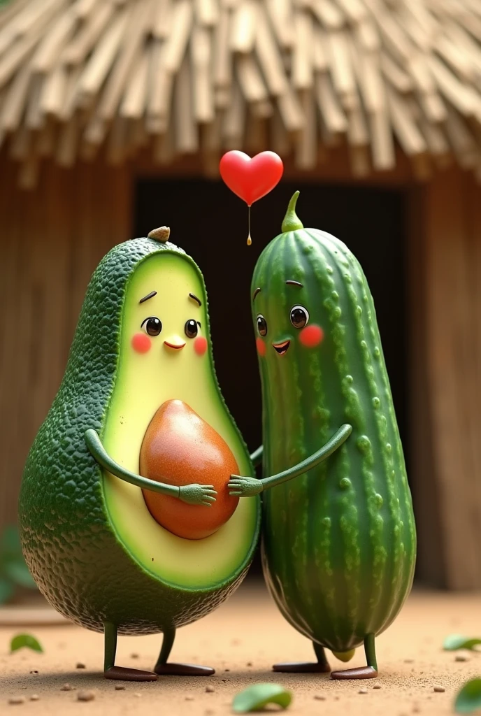 Draw an avocado with a face and a cucumber with a face holding hands (They are dating)
It must be realistic and this scene in front of a straw hut