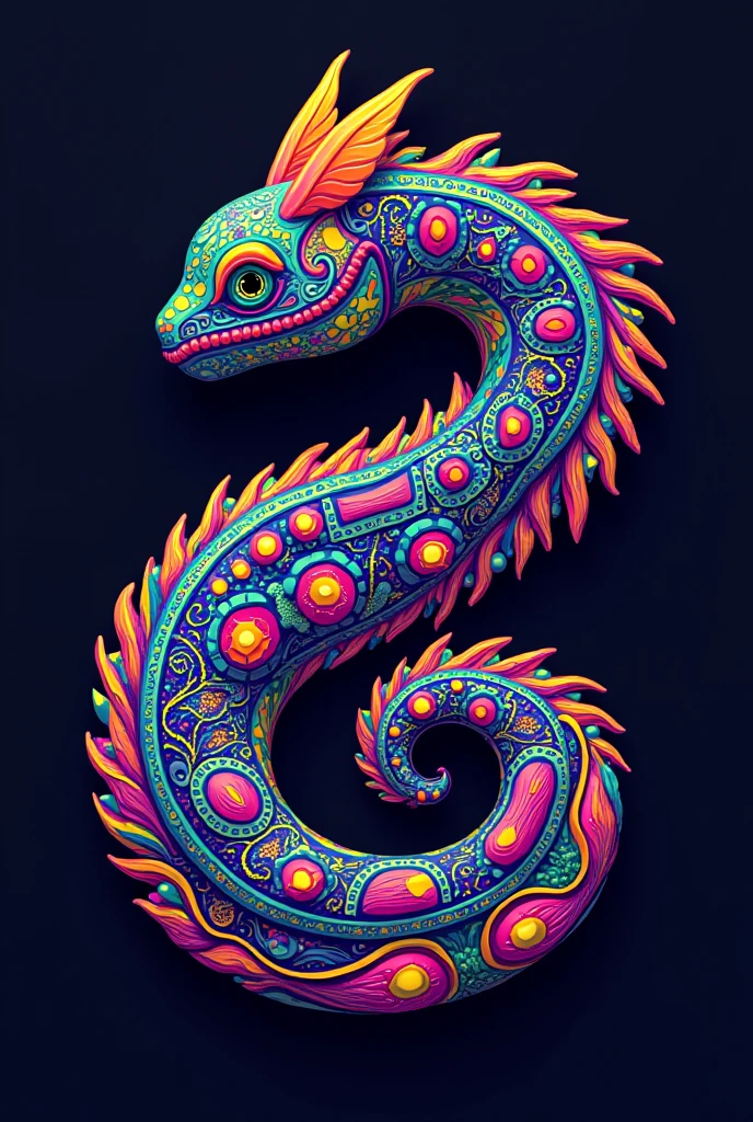 T-shirt with a rolled alebrije in the center that is in neon colors