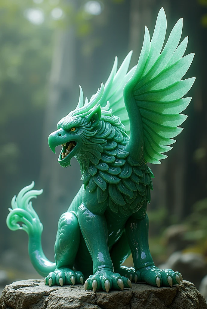 Jade Faucet: A mythical creature with the head and wings of an eagle and the body of a lion, with jade feathers and claws. It has the strength of a lion and the speed of an eagle., able to fly high and observe everything