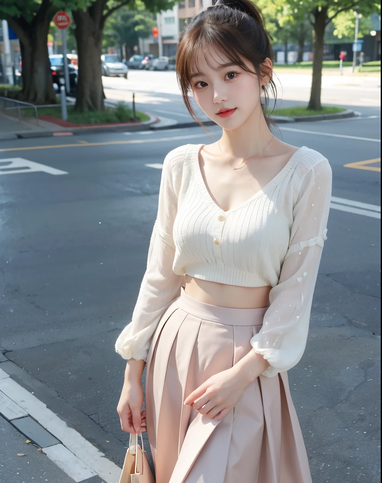 16K, 8K, masterpiece, Top quality, ultra-detailed, an extremely delicate and beautiful,1 beautiful woman,35mm lens,f/1,large chest, (Innocent fashion, wear, skirt:1.25), A slight smile, Ponytail,(street snap:1.2),