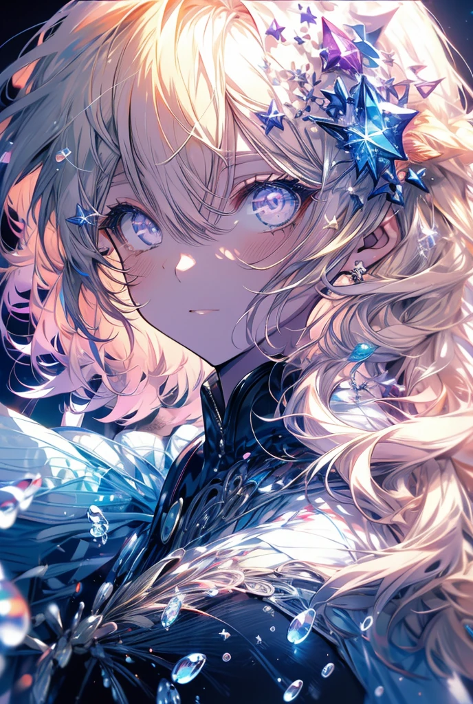 One girl, High-resolution model, Blonde, Purple Eyes，water droplets，Starlight，Wind