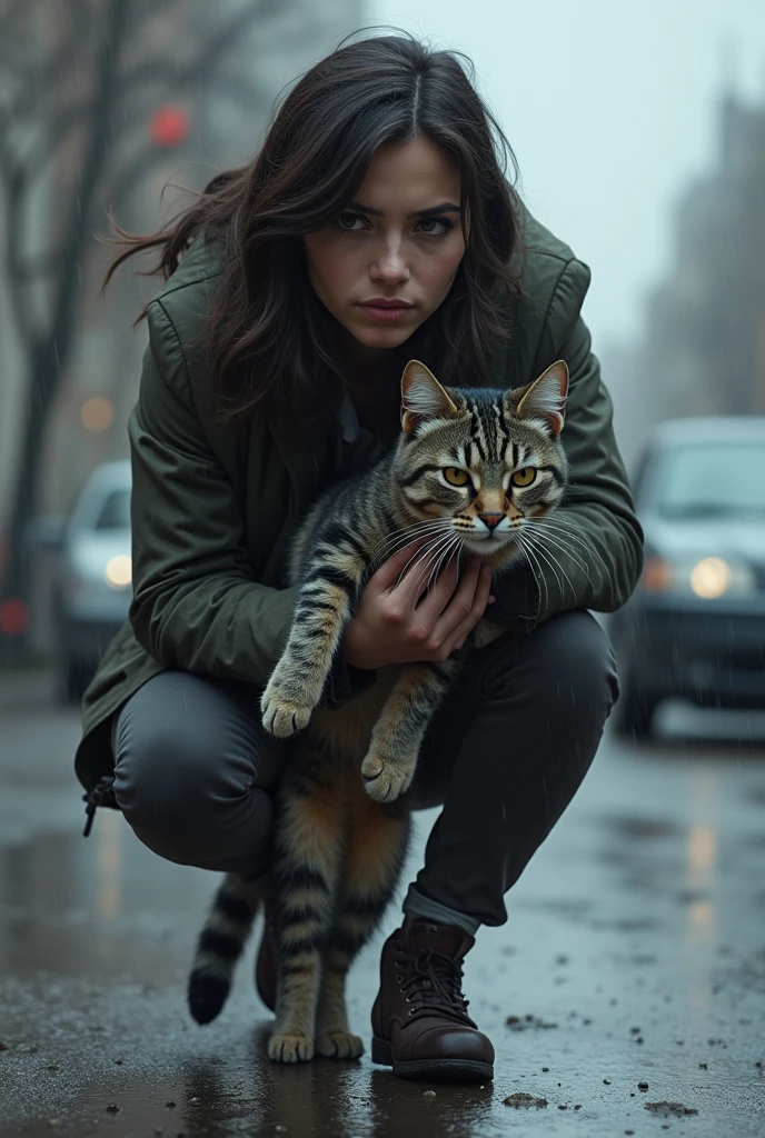 A gray tabby cat in the rain and a woman saves him from being run over