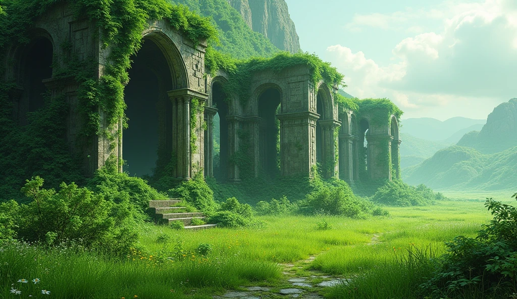a green field. all the buildings are covered in green lush vegetation. a lost civilsation just being uncovered