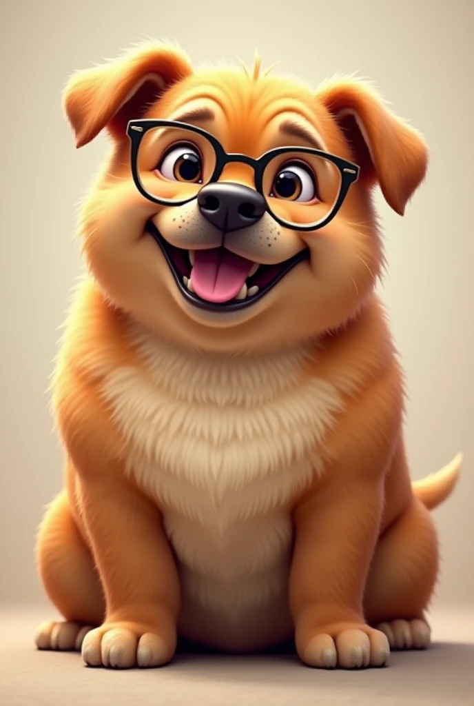 A fat dog smiling and wearing glasses