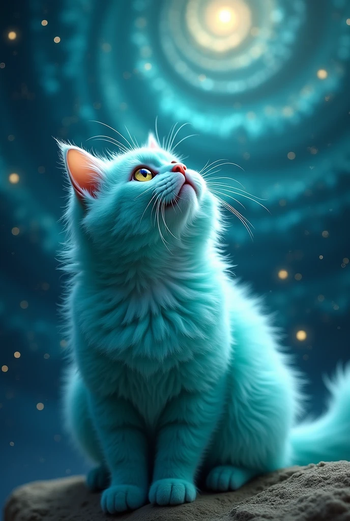 create a turquoise cat, fluffly, realisitic, He is looking up, An image seen from above, top to bottom angle, the background is turquoise galaxy