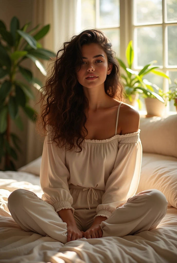 (photorealism:1.2), beautiful woman, sitting on bed, wearing loose off-shoulder top, pajama pants, long curly hair, indoors, soft lighting, plants in background, window with sunlight, cozy room, relaxed pose, realistic, intricate details, warm colors, by Greg Rutkowski, by Alphonse Mucha