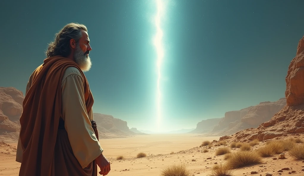 Abraham standing in the barren desert of Haran, gazing at the horizon with a determined expression, while God, represented by a celestial light, speaks to him, commanding him to leave his homeland.