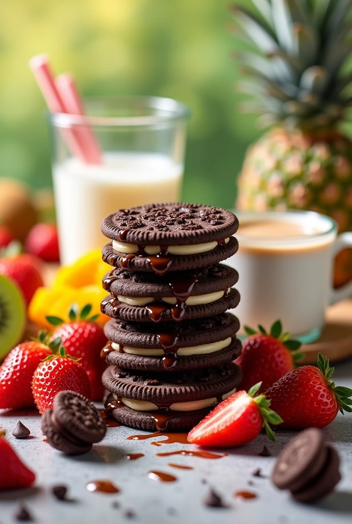 I want a background to design my ad banner that includes chocolate, oreo, coffee, milk, strawberry and tropical fruits
