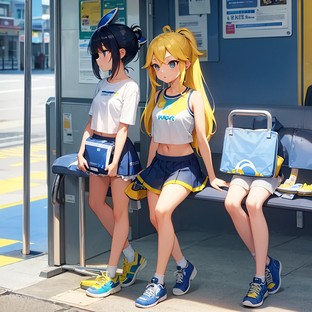 best quality, masterpiece, 1 girl, yellow hair, Blue eyes, splatoon, Highly transparent picture, medium breasts, short, blue headphones, white frilled crop tops, off shoulder, bare shoulder, blue short skirt, mini skirt, long hair, looking down, side view, yellow ink, night, city, delicate、Petite、outside, navel, short sleeve, blue sneaker, on station platform, bench, train, new york,