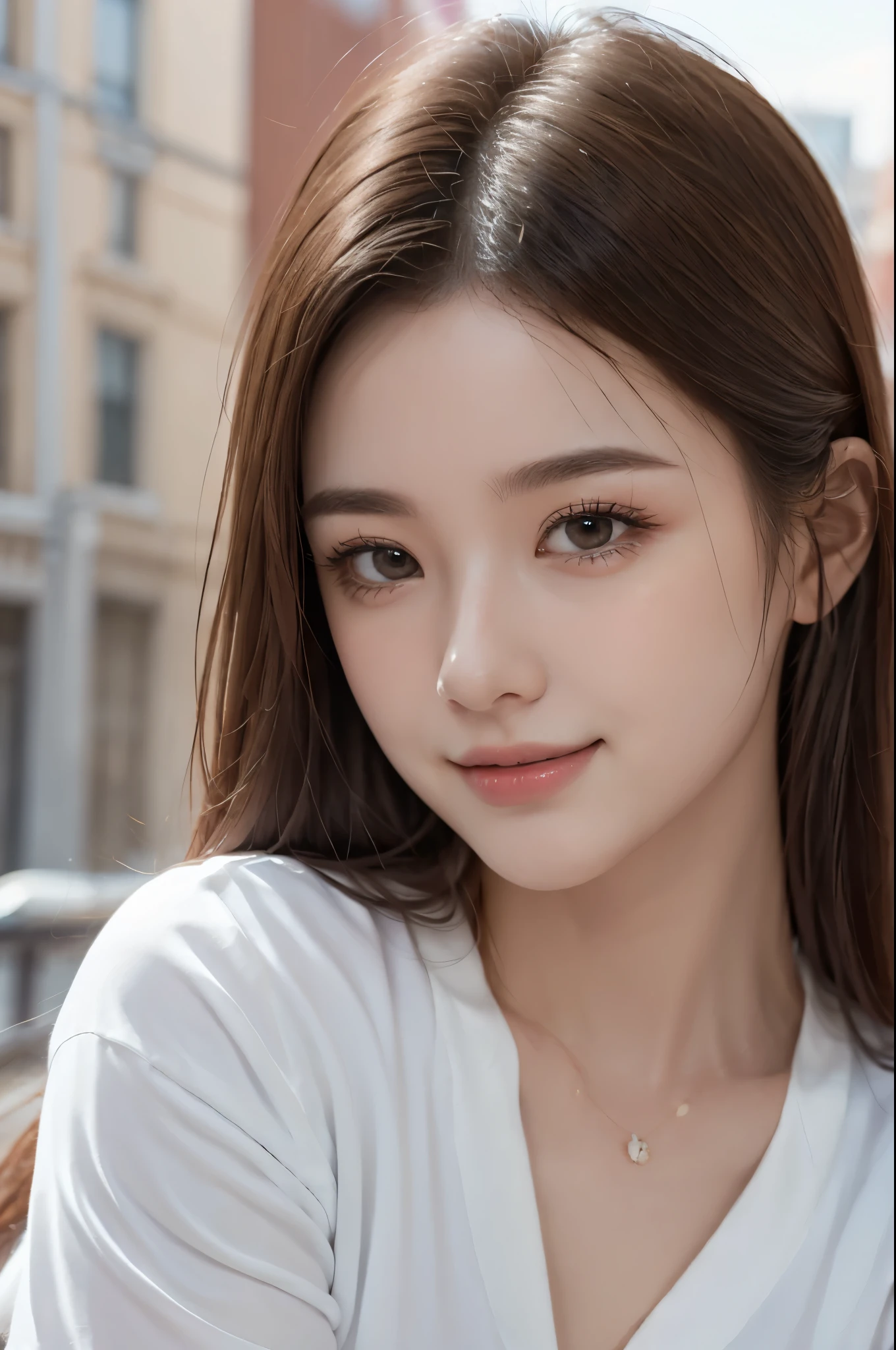 masterpiece, Highest quality, 8k, disorganized person, (Upper Body:1.4), White shirt, Beautiful girl, Beautiful face, Looking at the audience, smile, Ultra-realistic, High resolution, picture, The focus was clear, High resolution, Face Light, Dynamic Lighting, Cinema Lighting, Professional Shadow, Beautiful cityscape background, Best details, Very detailed, Super detailed, Finely detailed, Real Skin, Delicate facial features, Detailed face and eyes, Sharp pupils、Realistic students