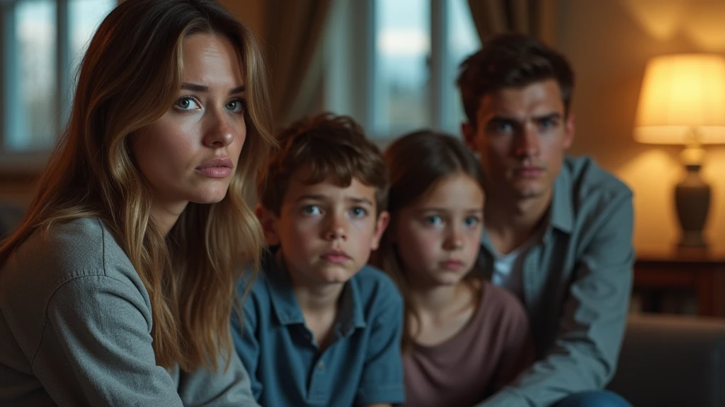 Ultra-realistic portrait of a family sitting in a living room, with expressions of worry and tension. The mother has light brown hair and expressive eyes, while the two agers, a boy and a girl, show signs of frustration and fear. Everyone is dressed casually.
The family is sitting on a sofa in a living room, with elements such as a coffee table and a window in the background, but blurred so as not to distract from the main subjects.
The lighting should be soft and natural, with evening light coming from a lamp, creating subtle shadows that accentuate the family's expressions of concern. The light should highlight the eyes and the texture of the skin, emphasizing the seriousness of the situation.
The image should convey a sense of tension and concern, with a touch of vulnerability. Suggest a warm color palette, such as golds and browns, that complements the atmosphere of the evening.
The photo should be of high quality, with 8k rendering and extreme detail, capturing the emotional essence of the moment.