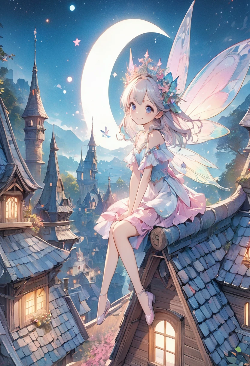 Anime big-eyed girl with fairy wings sitting on the roof of a house, Beautiful fantasy anime, Anime fantasy illustration, Star Fairy, Fairy aesthetics, Anime fantasy artwork, Smiling like a fairy queen, anime art wallpaper 4k, anime art wallpaper 4k, Fairy tale style illustration, Highly detailed official artwork, artstation pixivでトレンド, guweiz on pixiv artstation