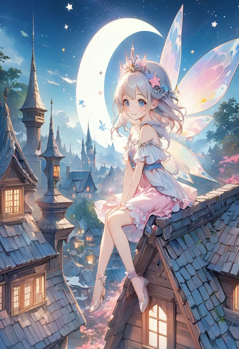 Anime big-eyed girl with fairy wings sitting on the roof of a house, Beautiful fantasy anime, Anime fantasy illustration, Star Fairy, Fairy aesthetics, Anime fantasy artwork, Smiling like a fairy queen, anime art wallpaper 4k, anime art wallpaper 4k, Fairy tale style illustration, Highly detailed official artwork, artstation pixivでトレンド, guweiz on pixiv artstation